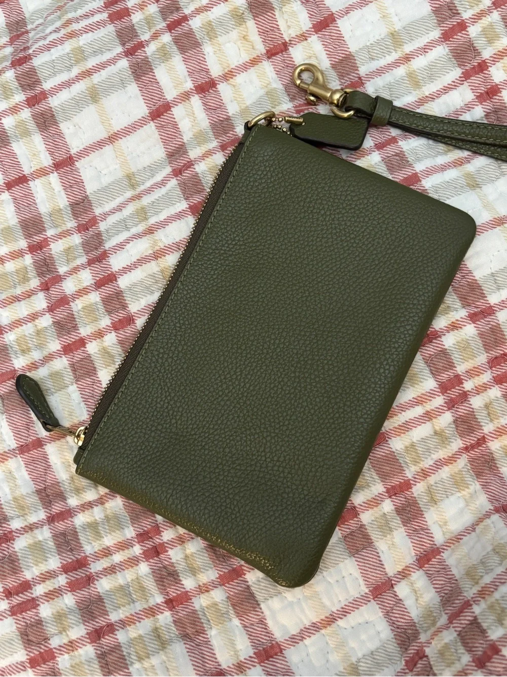 Coach Olive Green Polished Pebbled Leather Wristlet